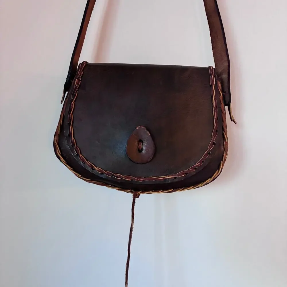 Vintage Handmade Brown Leather Saddle Bag Crossbody | Boho Western Artisan Purse - Picture 6 of 16